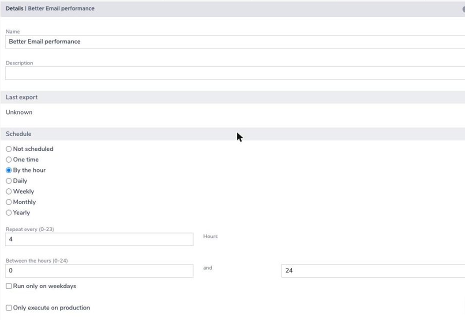 The activity export schedule set to By the hour, repeating every 4 hours between hours 0 and 24