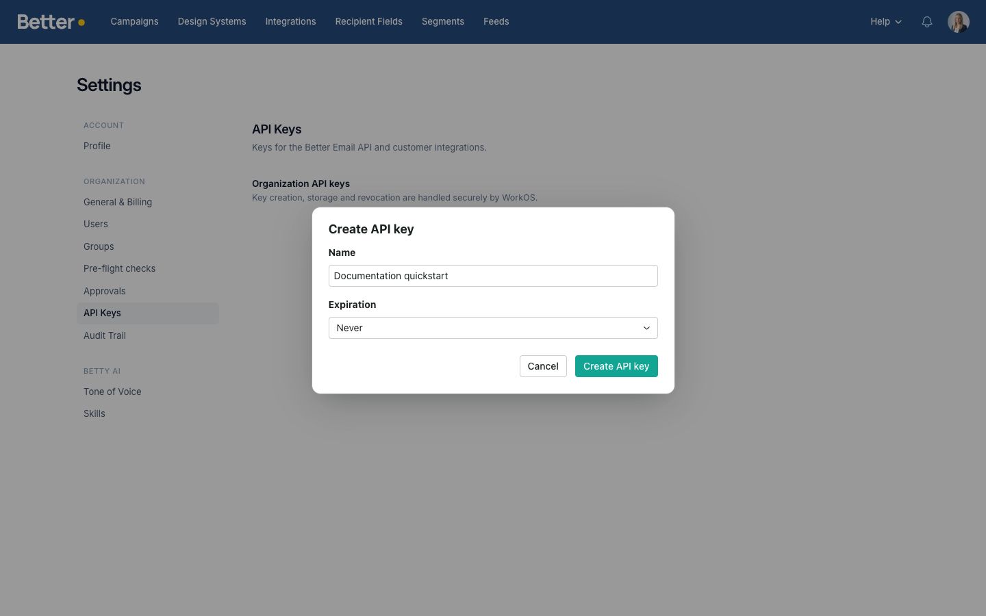 Create API key dialog with a descriptive name and expiration setting