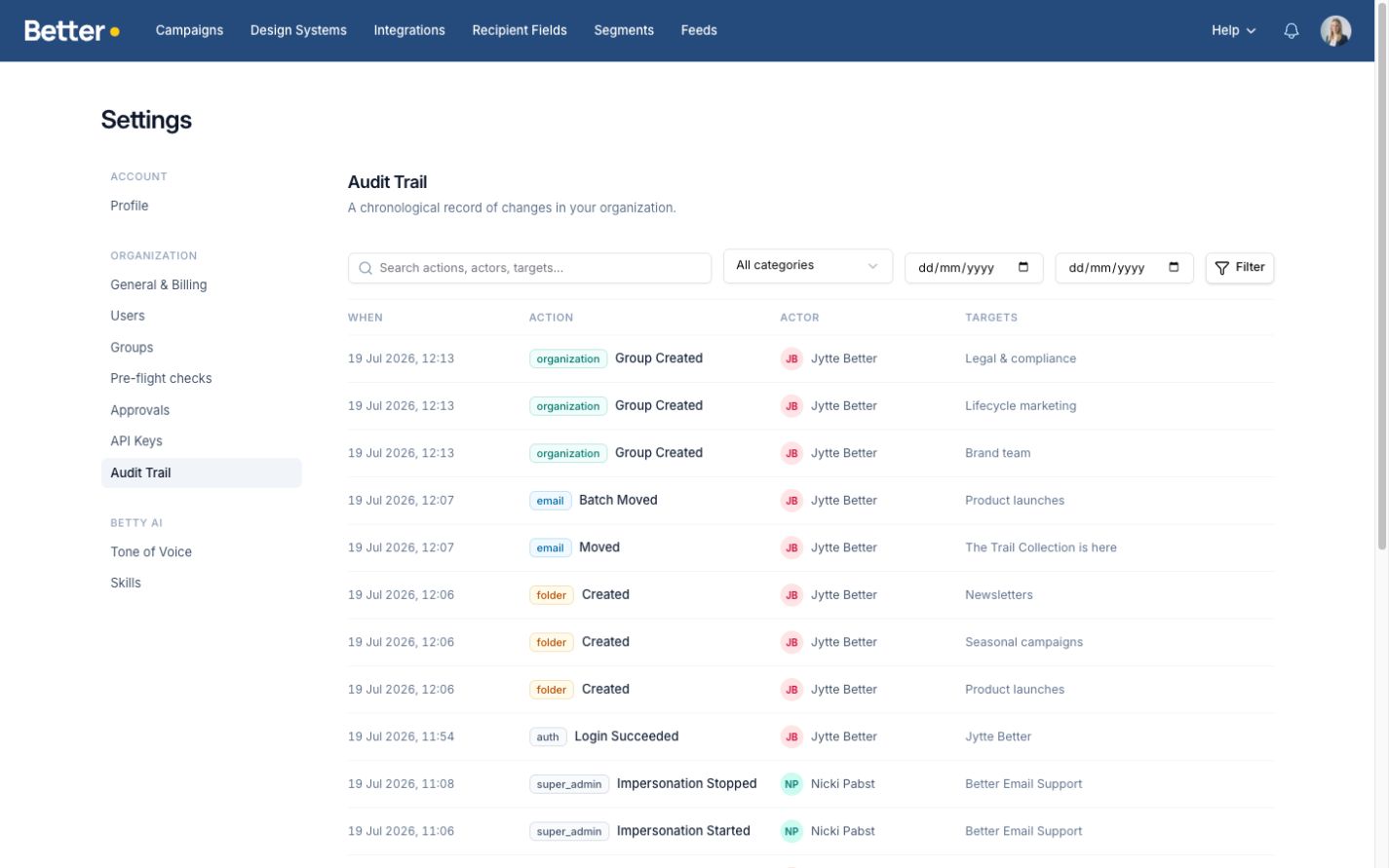 Audit trail with filters and recent group, campaign, folder, and authentication events