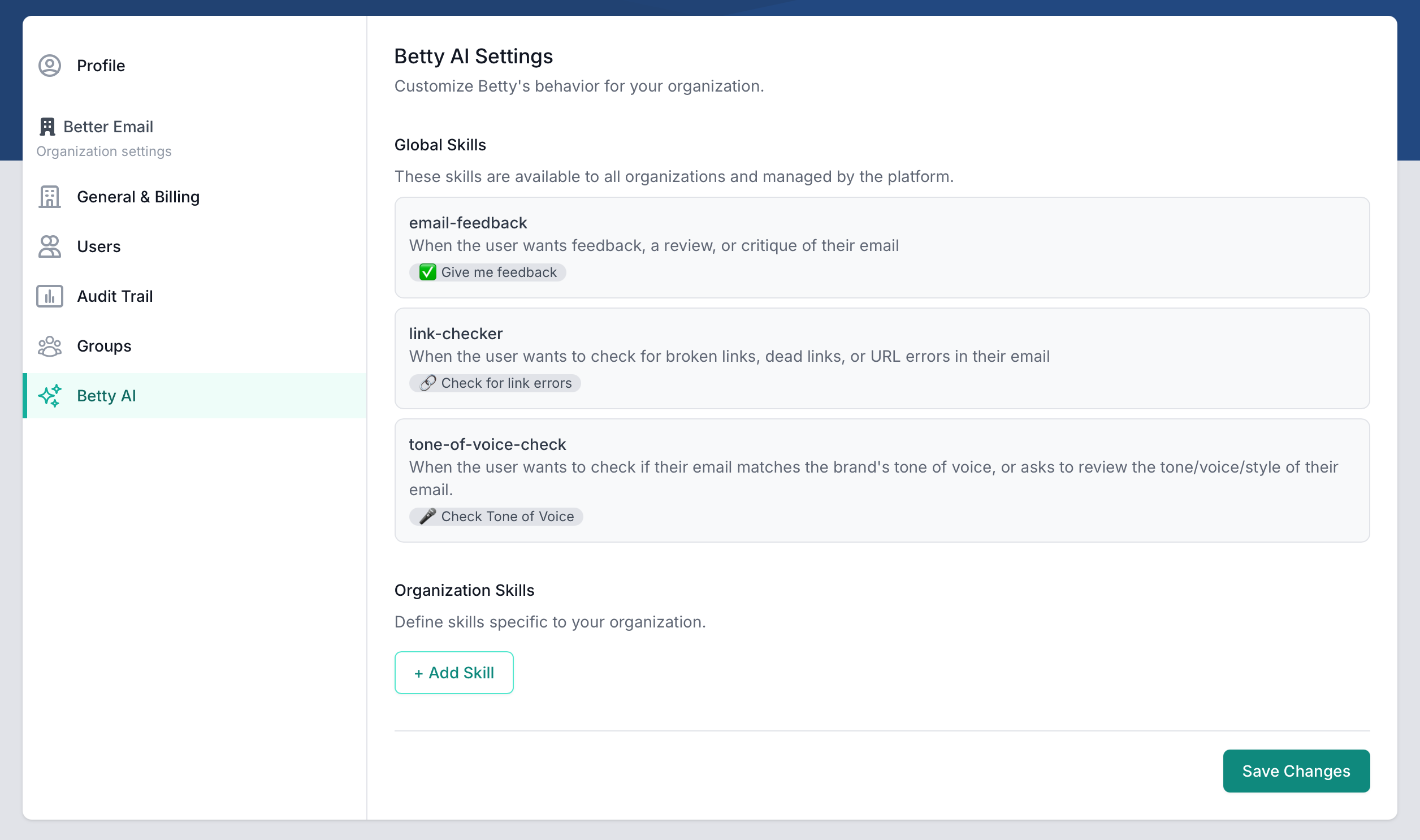 Betty AI Settings - Skills overview