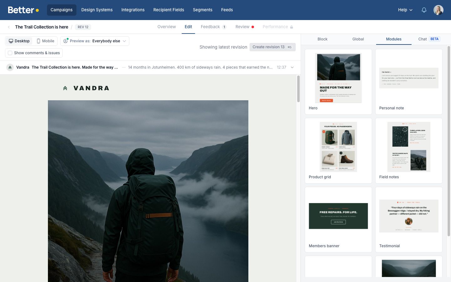 Campaign Editor with a live Vandra preview and the module library open in the sidebar
