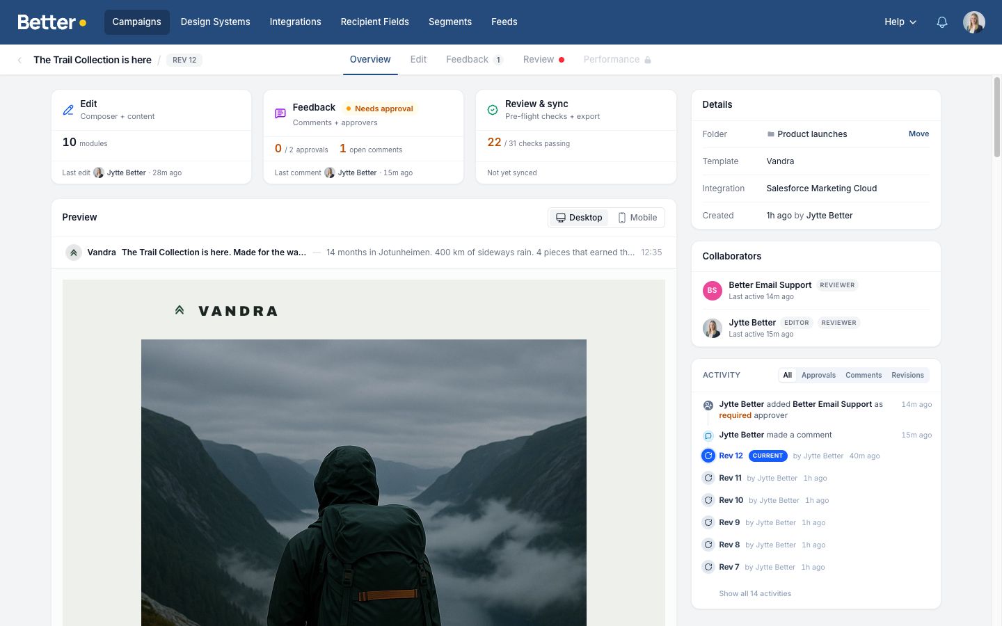 Campaign Workspace overview showing status cards, campaign details, collaborators, activity, and a desktop preview