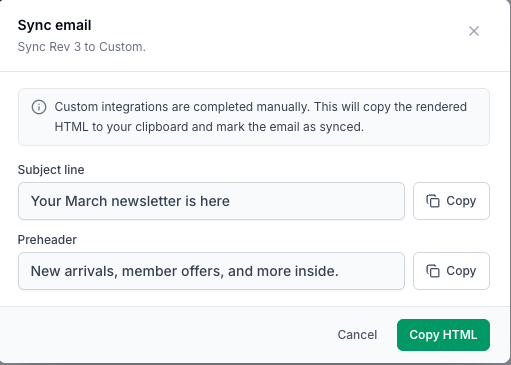 Sync dialog for a custom integration showing copyable subject line and preheader fields