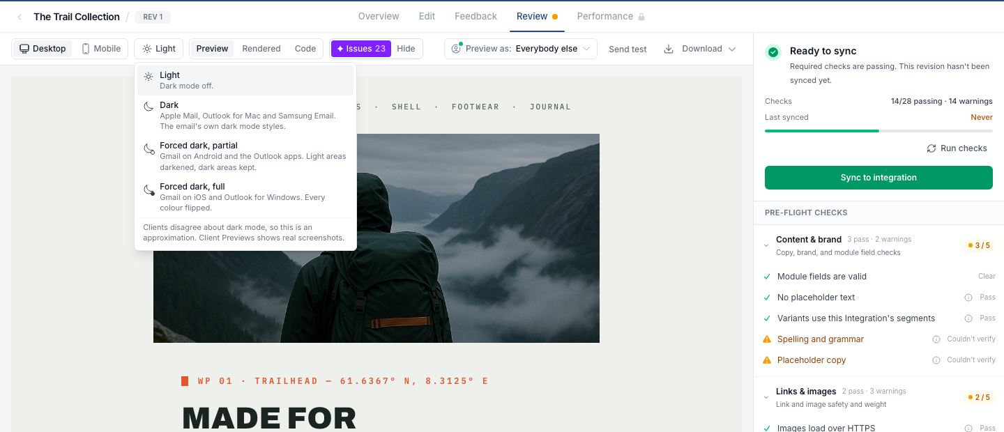 The colour scheme menu open above the Review tab preview, listing Light, Dark, Forced dark partial and Forced dark full
