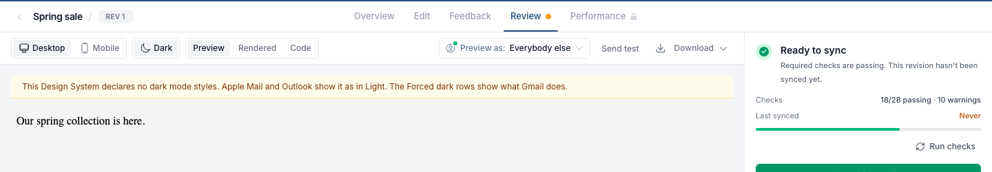The preview under Dark with a notice saying the Design System declares no dark mode styles