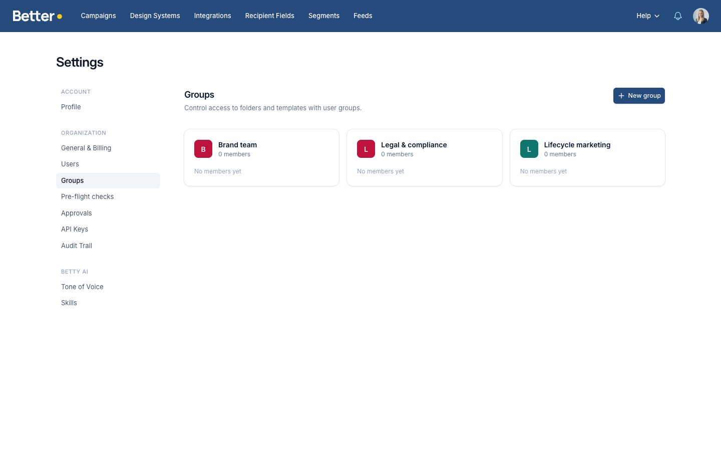 Organization groups for brand, legal, and lifecycle marketing teams