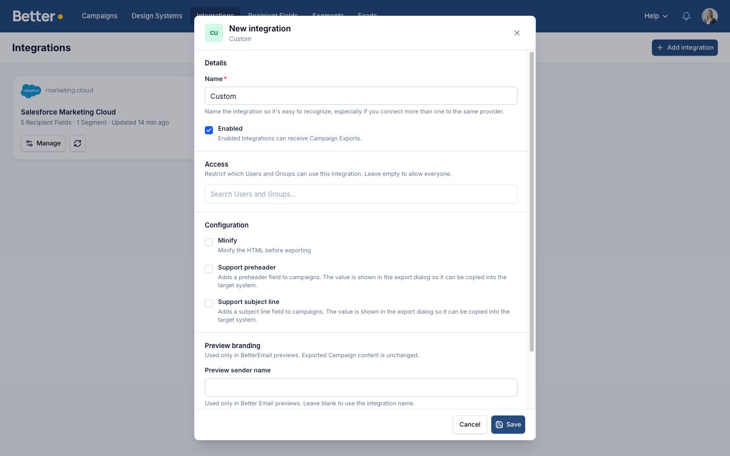 Custom integration form with export configuration, access controls, and preview branding
