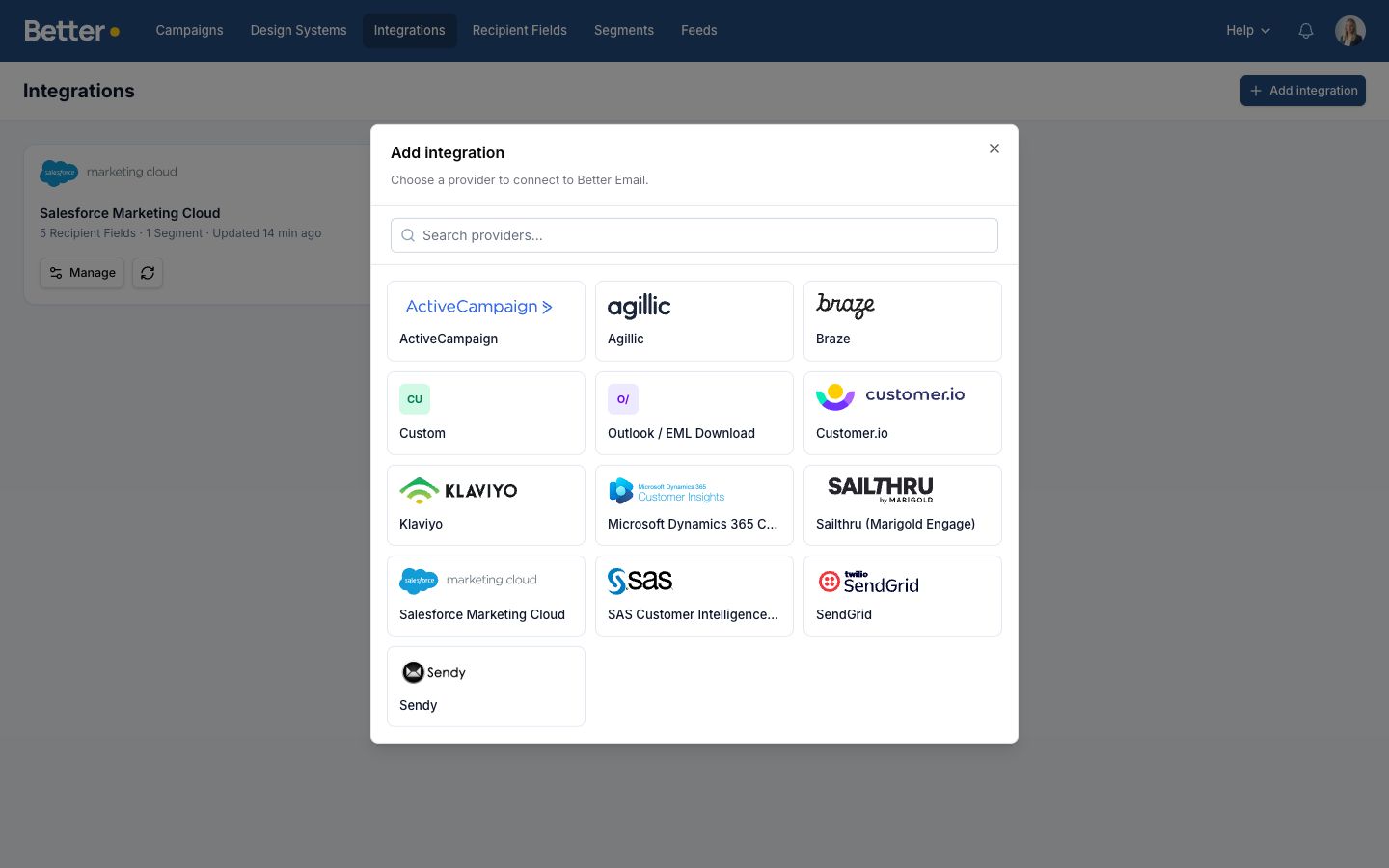 Integration picker showing the ESPs and custom export options available in Better Email
