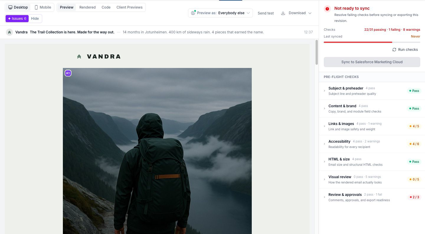 Review tab showing a campaign preview alongside grouped pre-flight checks and sync readiness