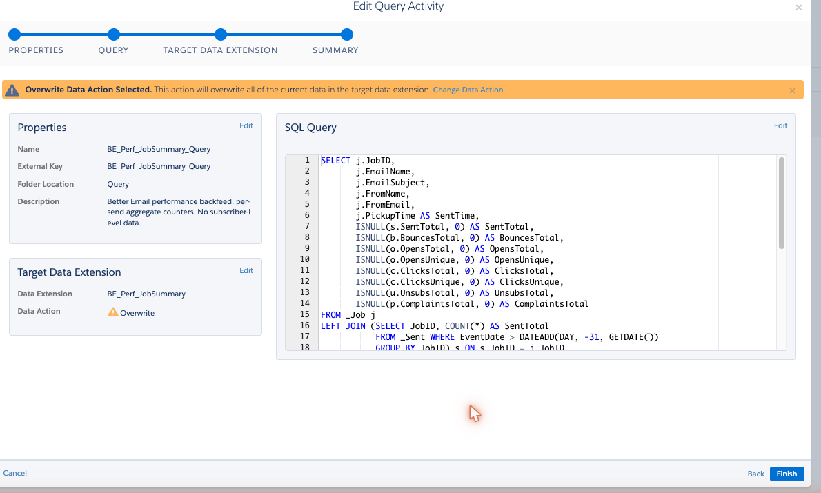 A query activity targeting BE_Perf_JobSummary with the Overwrite data action