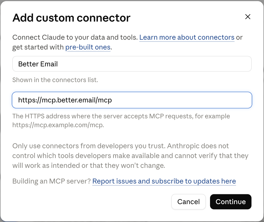 Claude's Add custom connector dialog with the name Better Email and the server URL filled in