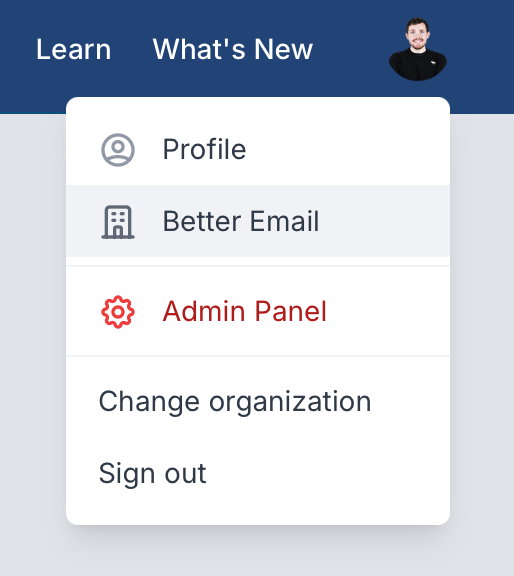 Profile menu - select your organization