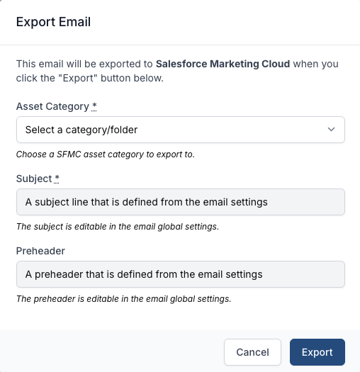 SFMC export dialog showing subject and preheader pulled from email settings